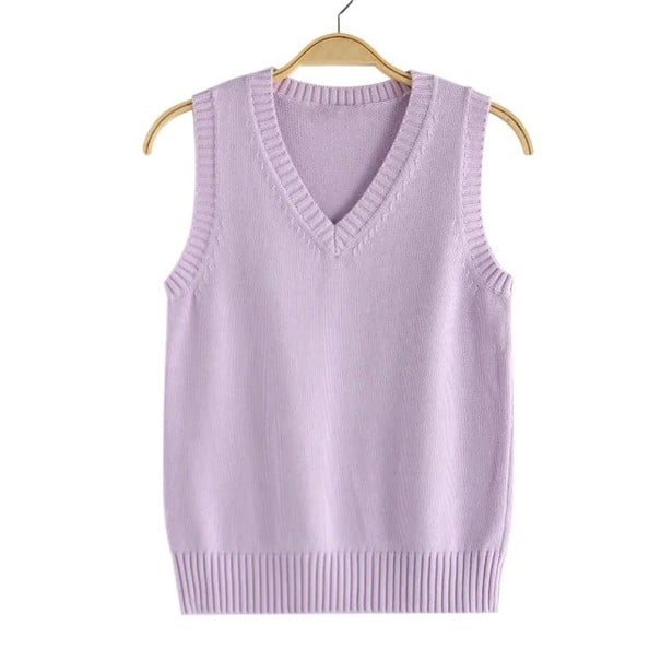 Dámská pletená vesta s V výstřihem bez rukávů polyester bavlna žebrovaný lem pro každodenní nošení a vrstvení fialová XL