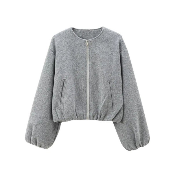 Dámská podzimní bunda se zipem Volný střih Dlouhé nabírané rukávy Přední kapsy Jednoduchý městský styl Elegantní kabátek do chladna šedá M