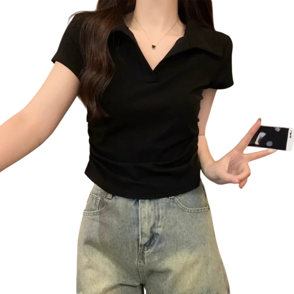Dámská polokošile crop top Výstřih do V s límečkem Jednobarevné bavlněné tričko Krátký moderní střih pro ženy černá L