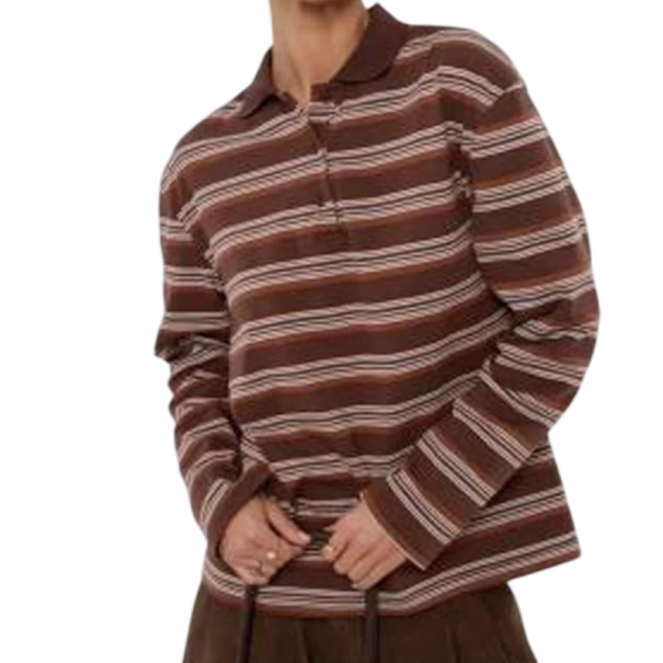Dámská polokošile s dlouhým rukávem Pruhované provedení Výstřih do V s límečkem a knoflíky Bavlna se spandexem hnědá S