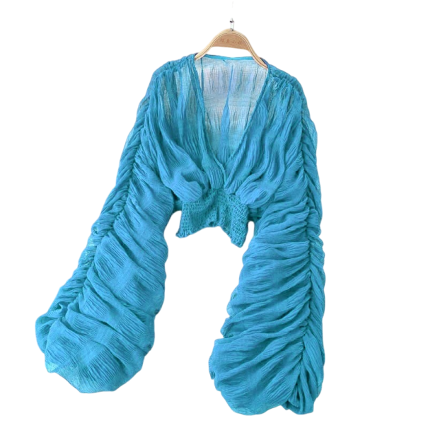 Dámska polopriesvitná blúzka Univerzálna veľkosť Výstrih do V Dlhý rukáv Riasenie Guma v páse Elegantná modrá