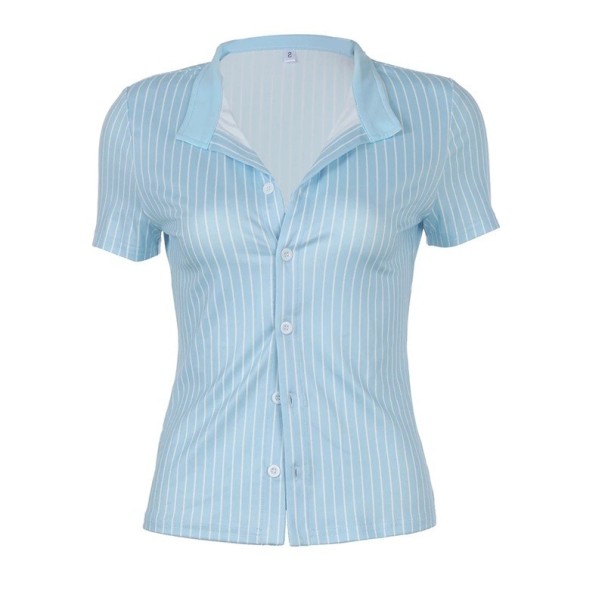 Dámská pruhovaná košile s krátkým rukávem Elegantní crop halenka s knoflíky Stylová upnutá letní košile Ležérní top do pasu modrá L