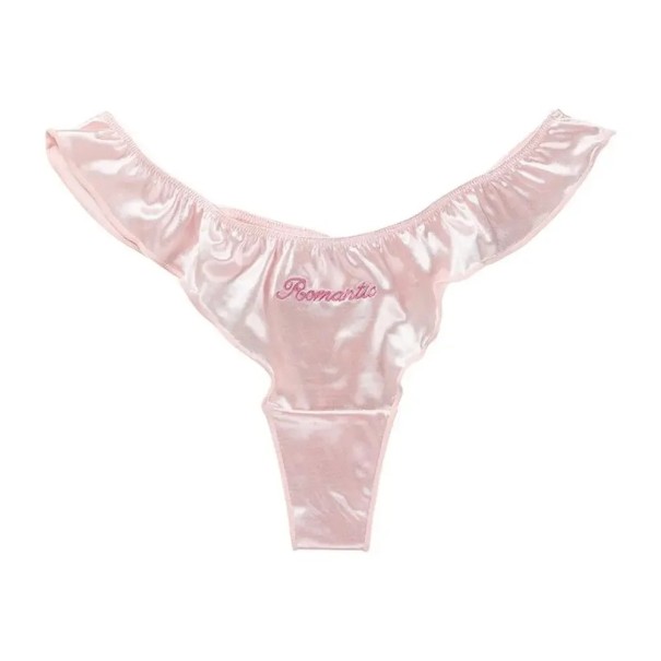 Dámská saténová tanga s nabíranými okraji a nápisem Romantic v růžové barvě hladké lesklé sexy spodní prádlo na každodenní nošení M