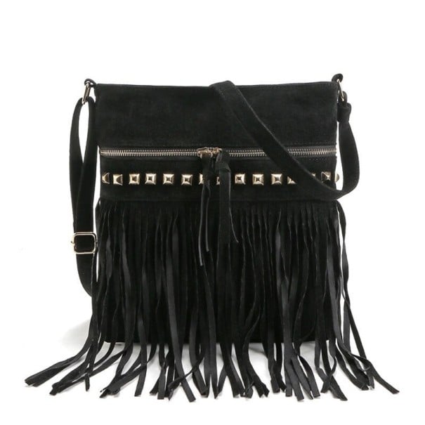 Dámská semišová kabelka přes rameno s dlouhými třásněmi Crossbody taška s nastavitelným popruhem Kovové cvočky Kapsy na zip 27 x 29 cm černá