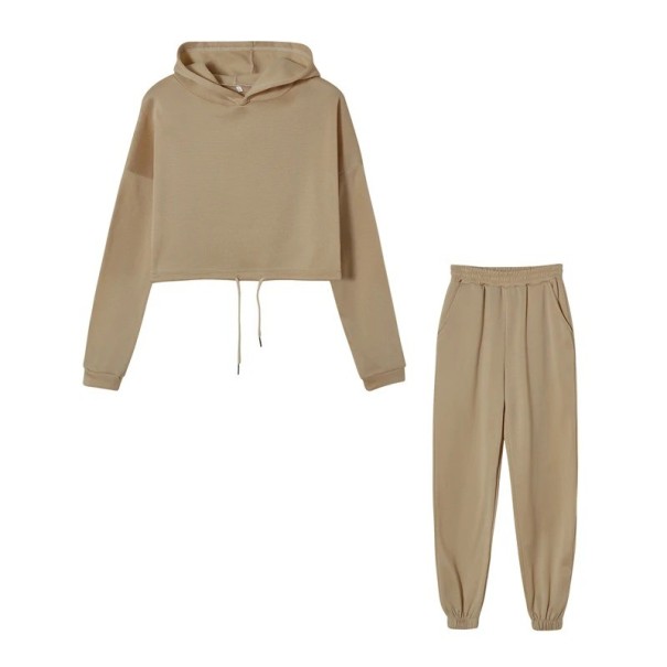 Dámská souprava jednobarevná, tepláky a crop top mikina s kapucí, polyester hnědá XXL