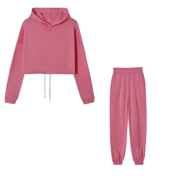 Dámská souprava jednobarevná, tepláky a crop top mikina s kapucí, polyester růžová XL