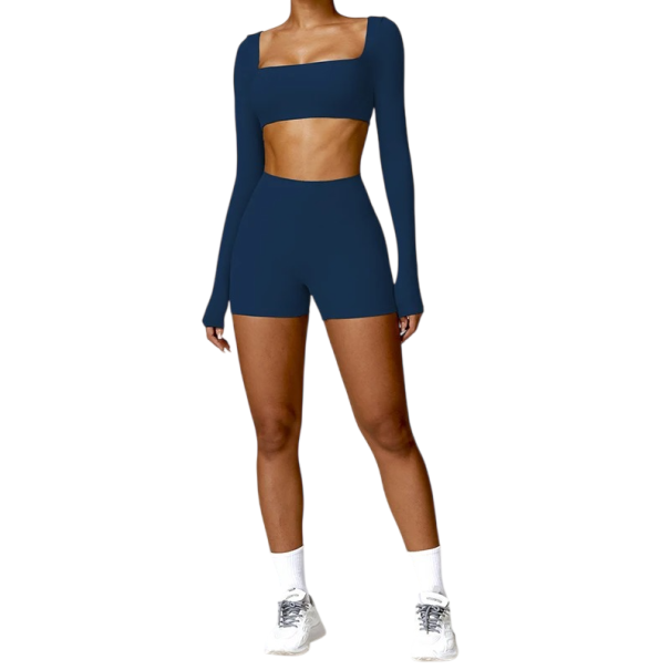 Dámská souprava kraťasy a crop top s dlouhým rukávem, jednobarevné, spandex, nylon tmavě modrá S