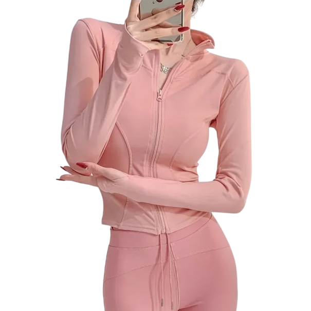 Dámská sportovní bunda na zip Přiléhavý střih Otvory na palce Rychleschnoucí materiál Pohodlné nošení Fitness oblečení Trénink růžová XS