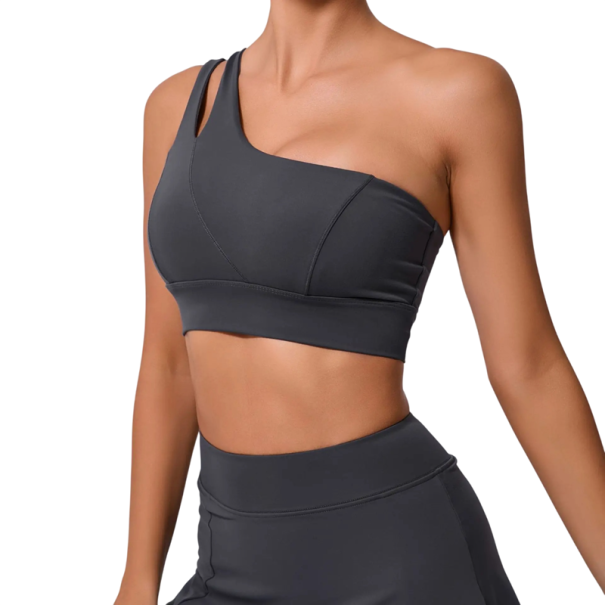 Dámská sportovní podprsenka na jedno rameno s asymetrickým střihem nylon spandex pro fitness jóga cvičení a trénink šedá S