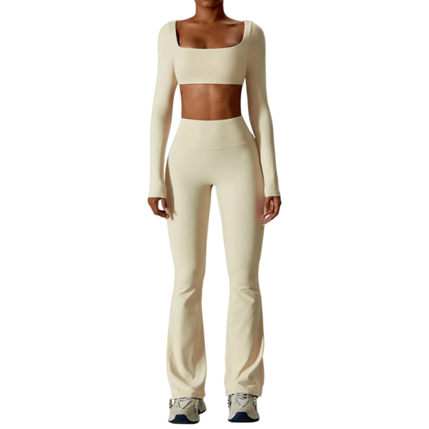 Dámská sportovní souprava s kalhotami a crop topem s dlouhým rukávem, jednobarevná, nylon, spandex, pohodlná a stylová pro fitness béžova XS