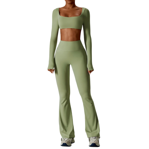 Dámská sportovní souprava s kalhotami a crop topem s dlouhým rukávem, jednobarevná, nylon, spandex, pohodlná a stylová pro fitness zelená S