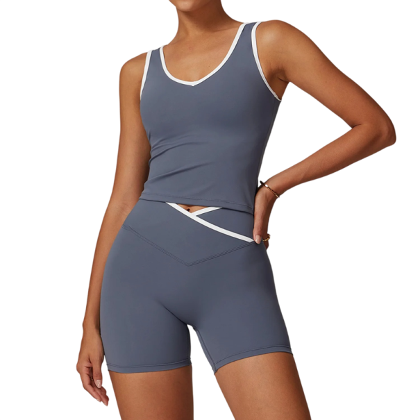 Dámská sportovní souprava s kraťasy a tílkem, jednobarevná, nylon, spandex, pohodlná a stylová pro fitness, cvičení a volný čas modrá XS