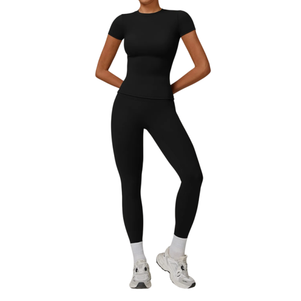 Dámská sportovní souprava s legínami a tričkem s krátkým rukávem, jednobarevné, nylon, polyester, pohodlná a stylová pro fitness černá XS