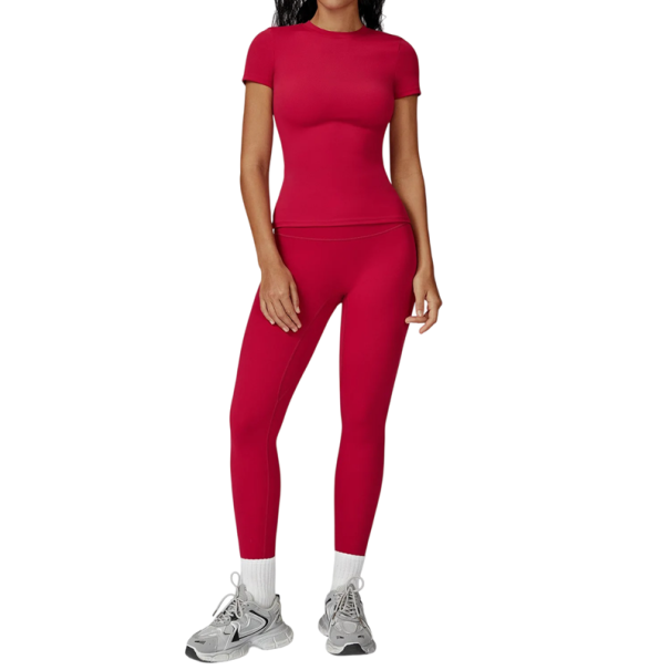 Dámská sportovní souprava s legínami a tričkem s krátkým rukávem, jednobarevné, nylon, polyester, pohodlná a stylová pro fitness červená L