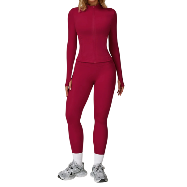 Dámská sportovní souprava s mikinou na zip a legíny, jednobarevná, nylon, spandex, pohodlná a stylová, ideální pro fitness a volný čas červená XS