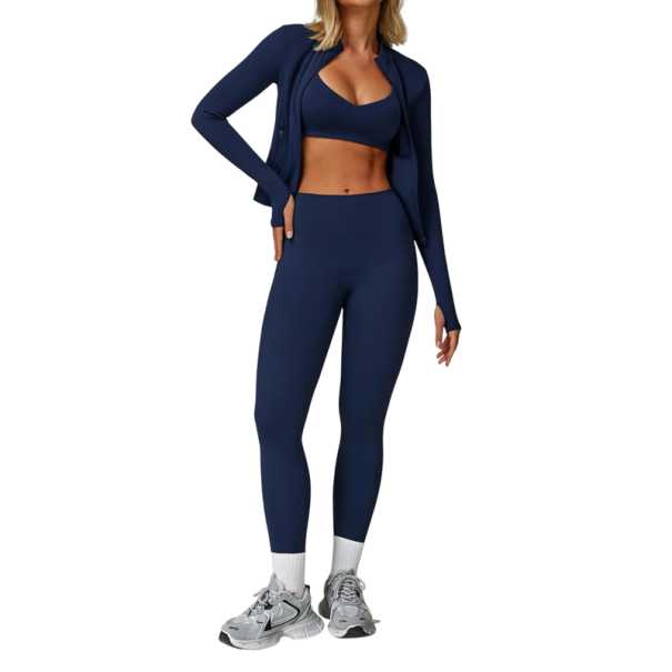 Dámská sportovní souprava s mikinou na zip, legíny a sportovní podprsenkou, jednobarevná, nylon, spandex, pohodlná a stylová pro fitness a volný čas tmavě modrá L