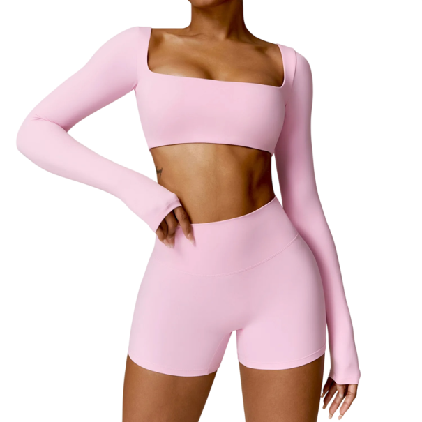 Dámska súprava kraťasy a crop top s dlhým rukávom, jednofarebná, spandex, nylon ružová XS
