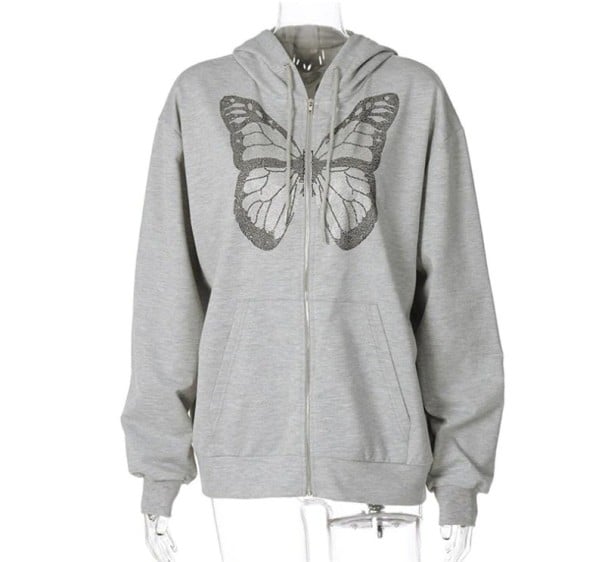 Damska szara bluza na zamek z kapturem i motylem z błyszczących kamieni Luźny krój Kieszeń kangurza Żebrowane mankiety Poliester i bawełna S