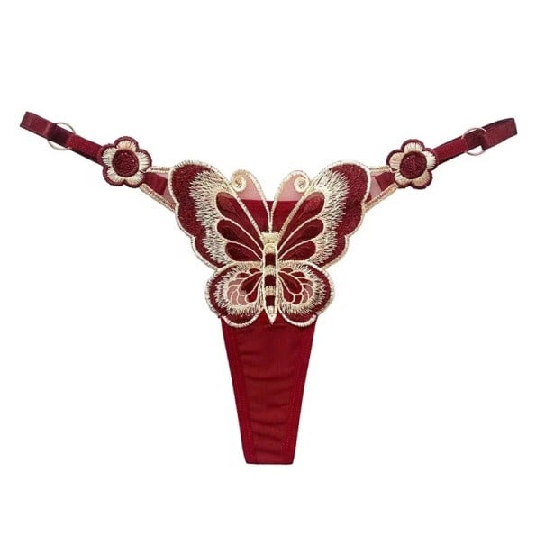 Dámská tanga s motýlí výšivkou z průhledné síťoviny s nastavitelným pasem sexy spodní prádlo na každodenní nošení univerzální velikost vínová