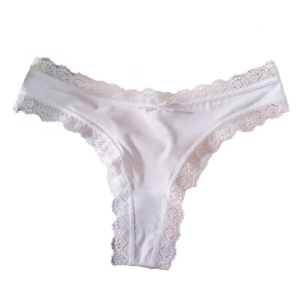 Dámská tanga s ozdobným krajkovým lemem a mašličkou hladké sexy spodní prádlo s minimálním zadním dílem na každodenní nošení bílá M