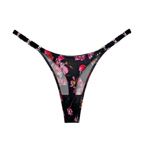 Dámská tanga se zlatými detaily a květinovým vzorem hladké sexy spodní prádlo s minimálním zadním dílem na každodenní nošení černé S