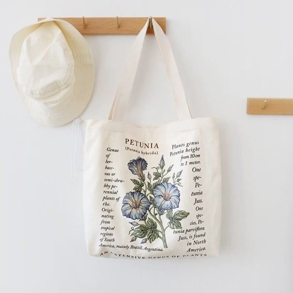 Damska torba z bawełny i poliestru z botanicznym nadrukiem 40 x 35 x 10 cm Kremowa torba na ramię z uchwytami o długości 27 cm Ilustracja kwitnących 2