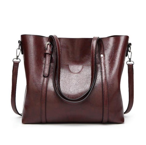 Dámská velká kabelka přes rameno z umělé kůže 32 x 29 x 12 cm Dvě dlouhá ucha a popruh na kovových karabinách Lesklý povrch tmavě hnědá