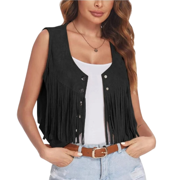 Dámská vesta s třásněmi a knoflíky bez rukávů polyester modrá krátký střih pro volnočasové nošení a letní vrstvení černá XS