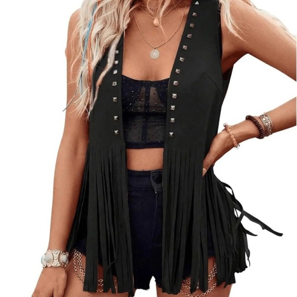 Dámská vesta s třásněmi a kovovými cvočky bez zapínání polyester elastan bez rukávů pro volnočasové nošení a stylové vrstvení černá S