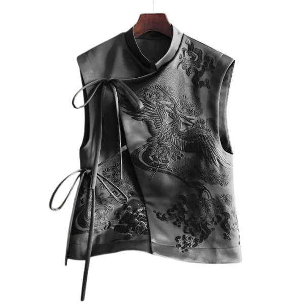 Dámská vesta s výšivkou a zavazováním na boku bez rukávů polyester elegantní střih pro společenské nošení i stylové vrstvení černá M