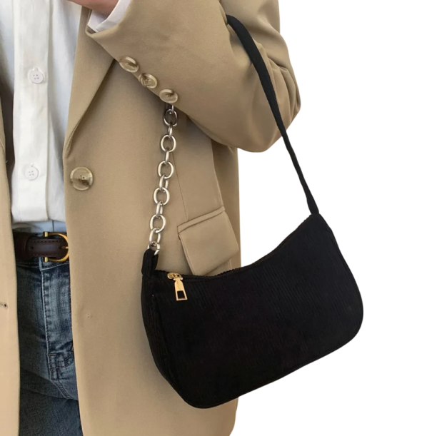 Dámská vintage kabelka na zip Manšestrová taška pro každodenní nošení Stylový retro doplněk s praktickým zapínáním černá