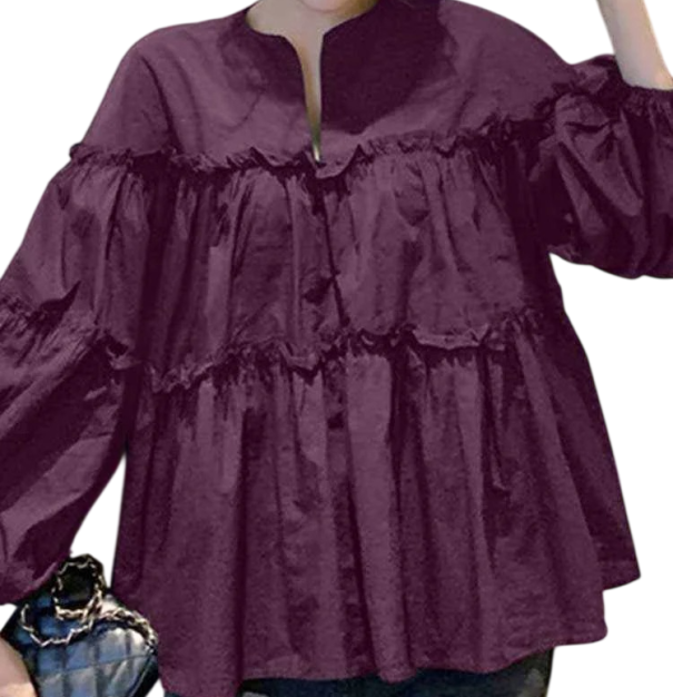 Dámská volná košile dlouhý rukáv Elegantní halenka s výraznými volánkami Lehký vzdušný střih Bavlna Polyester Módní top pro každodenní fialová L
