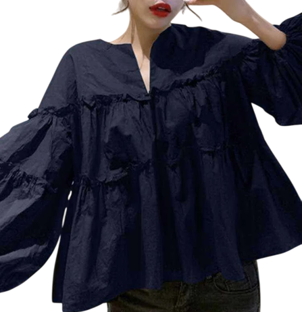 Dámská volná košile dlouhý rukáv Elegantní halenka s výraznými volánkami Lehký vzdušný střih Bavlna Polyester Módní top pro každodenní nošení tmavě modrá XXL