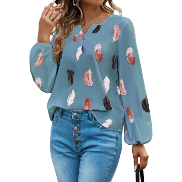 Dámská volná košile dlouhý rukáv Lehká halenka s motivem peříček Elegantní vzdušný střih Pohodlný polyester Módní top pro každodenní nošení modrá XS