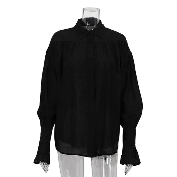 Dámská volná průsvitná halenka s límečkem Dlouhý rukáv Volánkové rukávy Lehký vzdušný materiál Elegantní styl pro léto i volný čas černá S