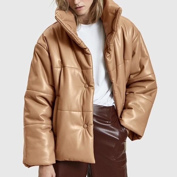 Dámska zimná bunda z umelej kože svetlo hnedá M