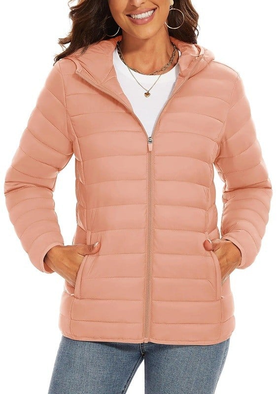 Dámská zimní bunda s kapucí Prošívaný kabát na zip Hřejivá bunda s kapsami Lehká zateplená bunda do města Stylový střih pro chladné počasí světle růžová XXL