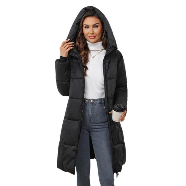 Dámská zimní bunda s kapucí s kožichem Teplá plyšová podšívka Zapínání na zip a knoflíky Kapsy Polyester a bavlna Stylová bunda do zimy černá S