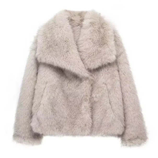 Dámská zimní bunda z polyesteru Teplý kožich s dlouhými chlupy Elegantní bunda s límcem Stylové dámské zimní oblečení do chladného počasí šedá L