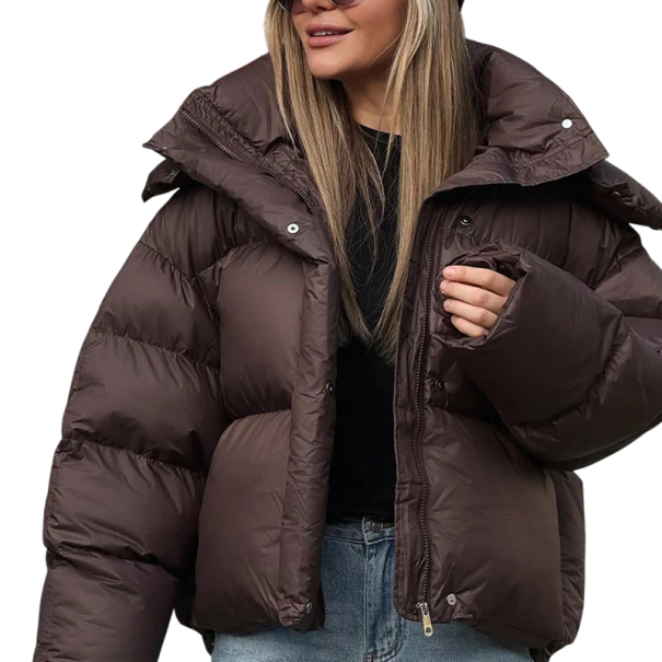 Dámská zimní bunda Zapínání na zip a patenty Kapuce Polyester bavlna Teplá zimní bunda s pohodlným střihm Stylový kabát na chladné zimní období hnědá L