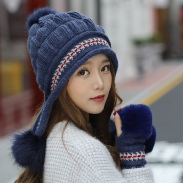 Dámská zimní čepice s rukavicemi tmavě modrá