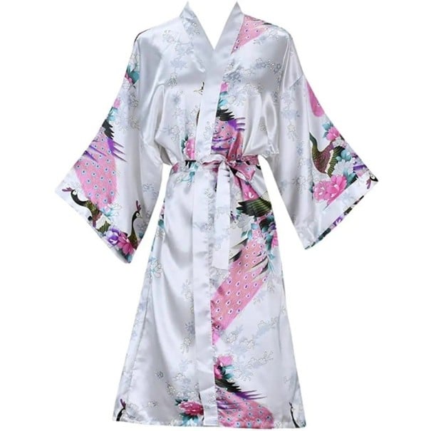 Damskåpa med blommönster Elegant lätt kåpa i satinliknande material Knut i midjan med snöre Mjuk polyester och satinliknande effekt för hemmets bekvämlighet vit XL