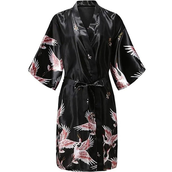 Damskåpa med fågelmotiv Lätt elegant kåpa av 100% silke med knytning i midjan i snöre Mjuk flödande material för hemmets komfort och avkoppling svart XXL