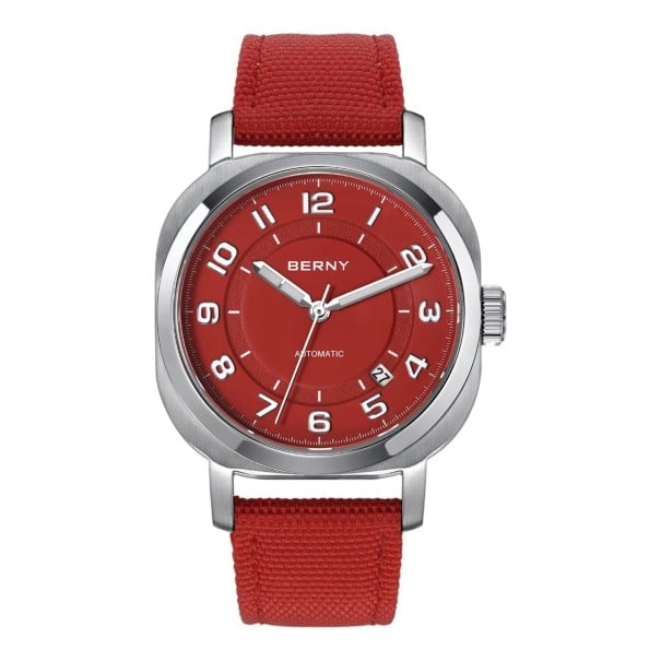 Dámske automatické hodinky Berny Minimalistické s dátumom Vodotesné 50 m 38 mm Nerezová oceľ Safírové sklo Plátený remienok červená