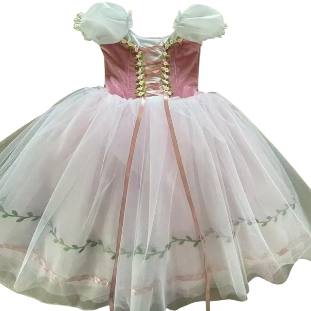 Dámské baletní šaty s nabíranými rukávky, květinovou aplikací a tylovou sukní, materiál nylon a polyester, na taneční vystoupení růžová M
