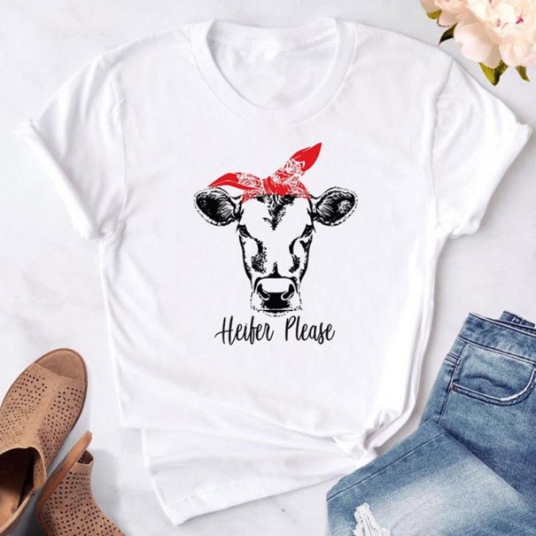 Dámske biele tričko s potlačou kravy S 3