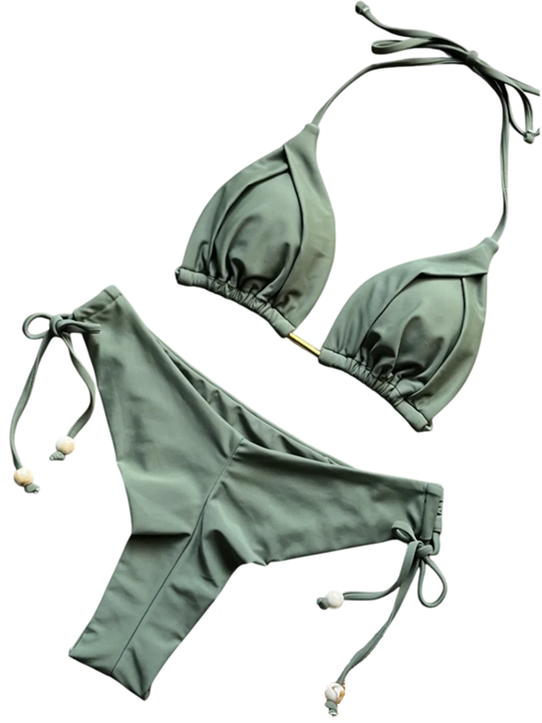 Dámské bikiny s trojúhelníkovým topem a korálkovým zdobením Nastavitelné plavky se šňůrkami Elegantní dvoudílný plážový komplet zelená M