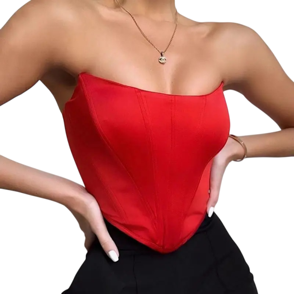 Dámské corsetové crop tílko Bez ramínek Výstřih do O Jednobarevný krátký top z polyesteru a spandexu Tvarující střih červená M
