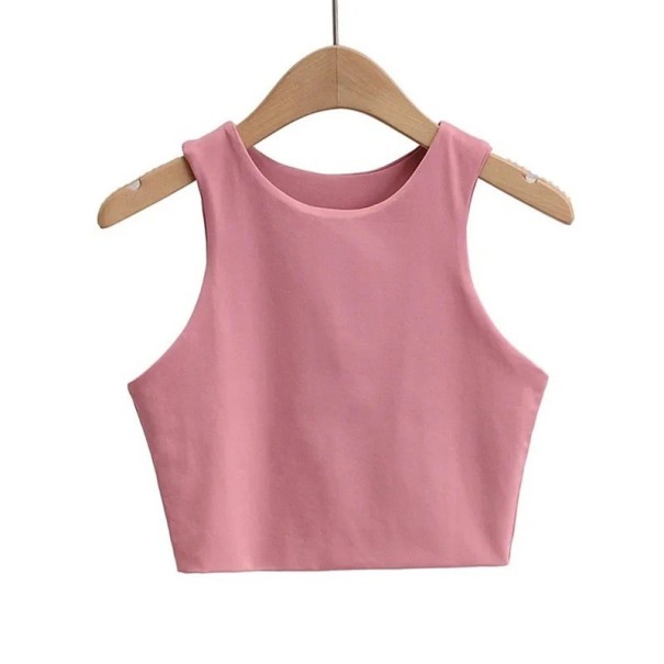 Dámske crop tielko Široké ramienka Výstrih do O Jednobarevný krátky top z polyesteru a spandexu Pružný strih ružová M