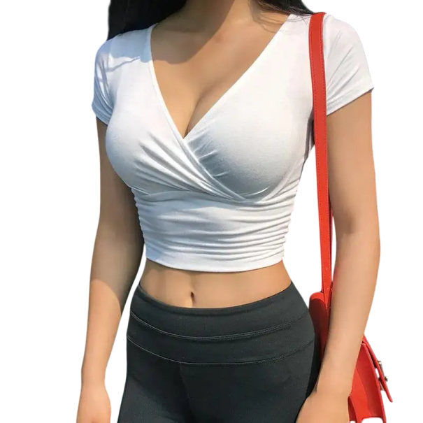 Dámské crop tričko s výstřihem do V Krátký přiléhavý top Elegantní tričko s krátkým rukávem pro volný čas Fitness Letní oblečení bílá M
